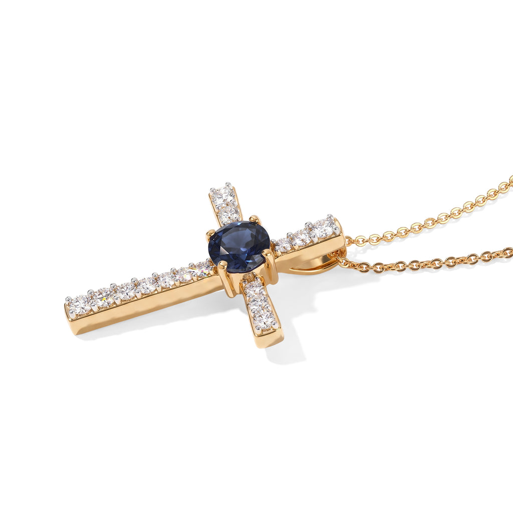 D'Joy - Diffused Blue Sapphire & White Zircon Cross Pendant with Chain (Size 20) in Yellow Gold Plated Sterling Silver 1.90 Ct._4525196_3