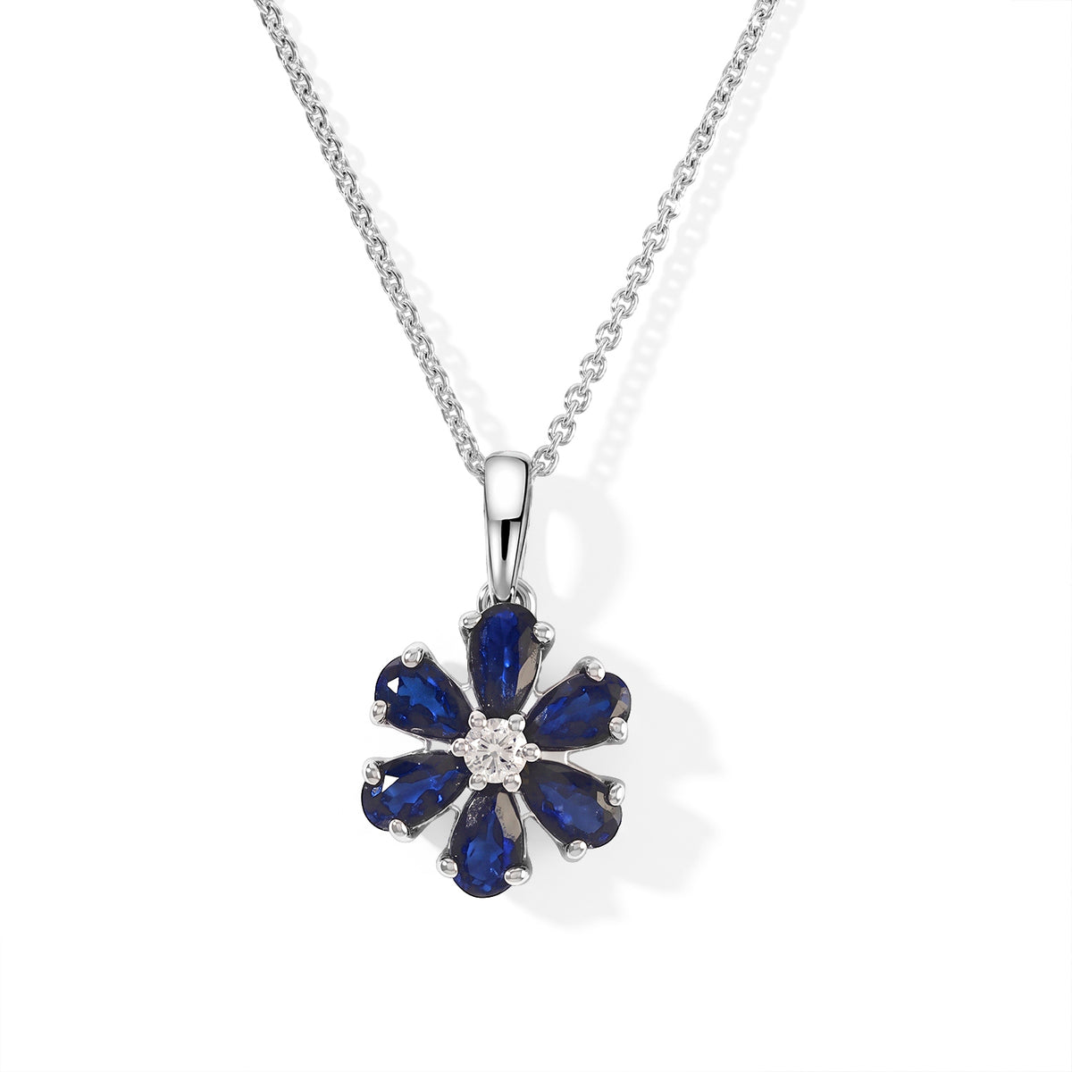 Luxuriant - Diffused Blue Sapphire &amp; Lab Grown Diamond (SI-G-H)  Floral Pendant with Chain (Size 20) in Platinum Overlay Sterling Silver 1.60 Ct. 4525200 0