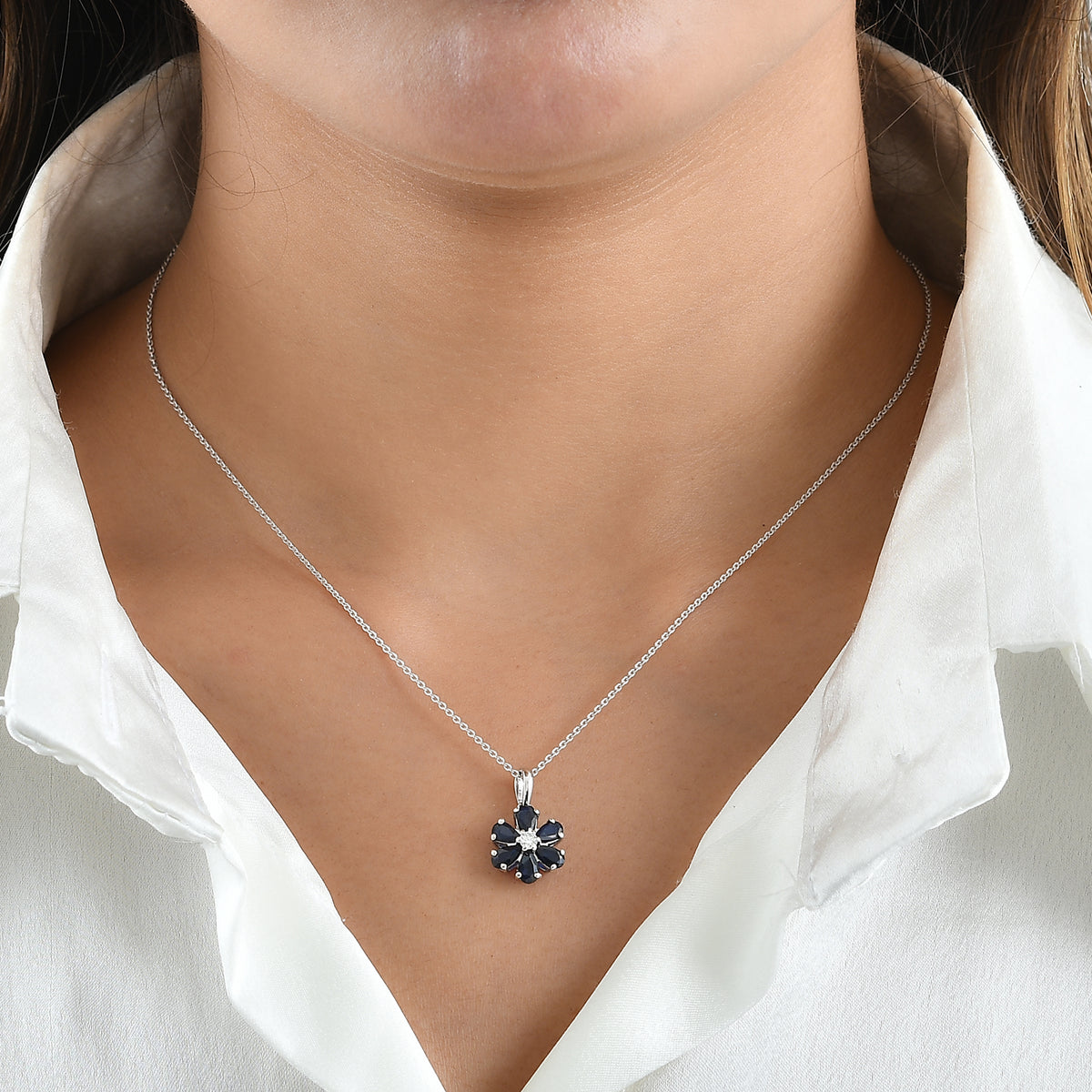Luxuriant - Diffused Blue Sapphire &amp; Lab Grown Diamond (SI-G-H)  Floral Pendant with Chain (Size 20) in Platinum Overlay Sterling Silver 1.60 Ct. 4525200 1