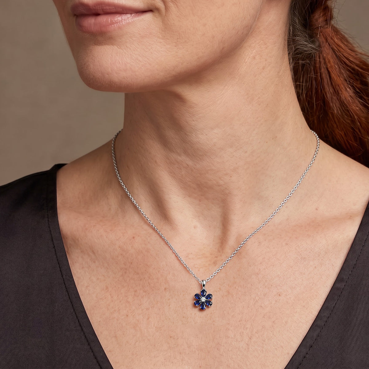 Luxuriant - Diffused Blue Sapphire &amp; Lab Grown Diamond (SI-G-H)  Floral Pendant with Chain (Size 20) in Platinum Overlay Sterling Silver 1.60 Ct. 4525200 2