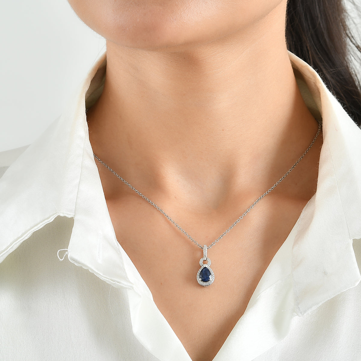 D'Joy - Diffused Blue Sapphire &amp; White Zircon Halo Pendant in Platinum Overlay Sterling Silver with Chain (Size 20) 1.60 Ct. 4525240 1