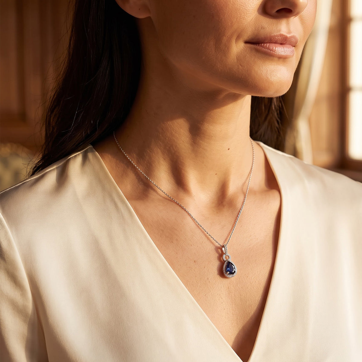 D'Joy - Diffused Blue Sapphire &amp; White Zircon Halo Pendant in Platinum Overlay Sterling Silver with Chain (Size 20) 1.60 Ct. 4525240 2