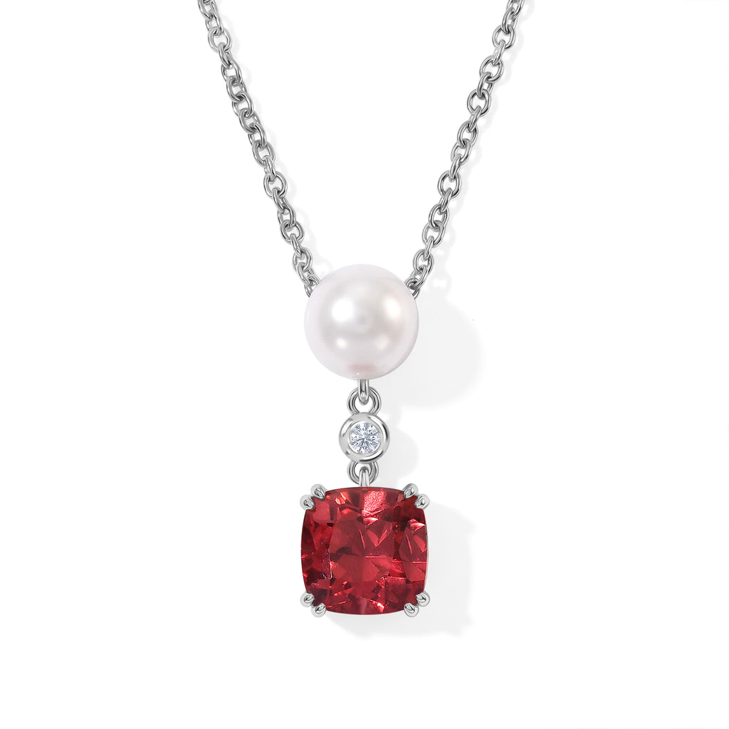 Luxuriant - Lab Created Padparadscha Sapphire, Fresh Water Pearl & White Zircon Pendant in Platinum Overlay Sterling Silver with Chain (Size 20) 5.36 Ct._4525283