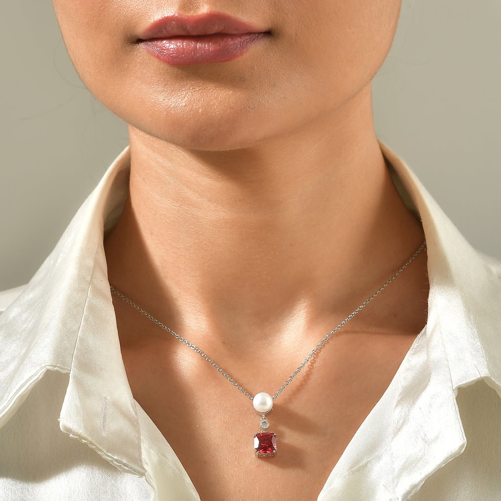 Luxuriant - Lab Created Padparadscha Sapphire, Fresh Water Pearl & White Zircon Pendant in Platinum Overlay Sterling Silver with Chain (Size 20) 5.36 Ct._4525283_1
