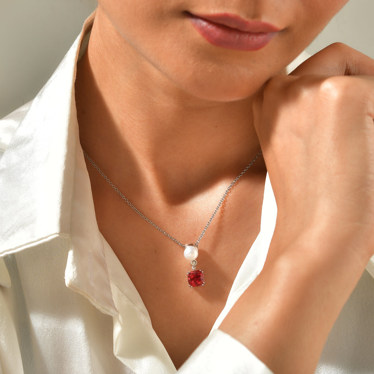 Luxuriant - Lab Created Padparadscha Sapphire, Fresh Water Pearl &amp; White Zircon Pendant in Platinum Overlay Sterling Silver with Chain (Size 20) 5.36 Ct. 4525283 2