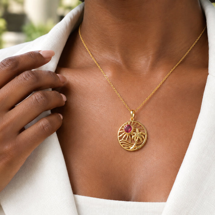 Luxuriant - Lab Grown Padparadscha Sapphire Palm Tree Sunburst Pendant in Yellow Gold Plated with Chain (Size 20) 1.30 Ct. 4525287 2