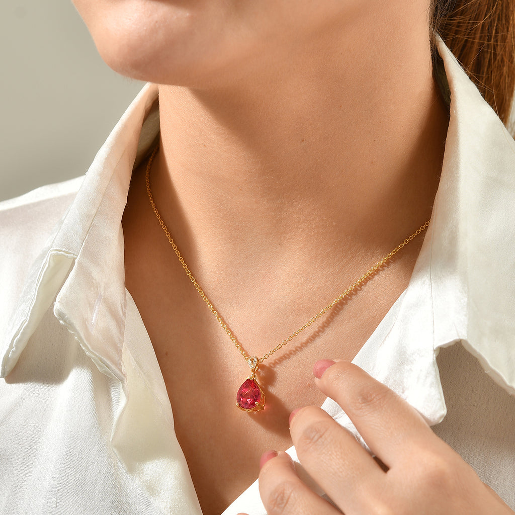 Luxuriant - Lab Created Padparadscha Sapphire & White Zircon Pendant in Yellow Gold Plated Sterling Silver with Chain (Size 20) 5.00 Ct._4525288_1