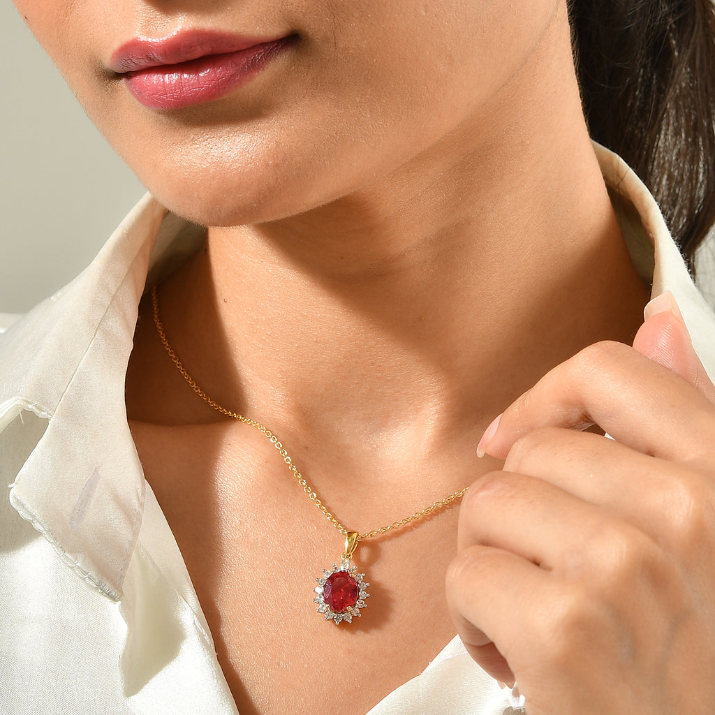 Luxuriant - Lab Created Padparadscha Sapphire & White Zircon Pendant in Yellow Gold Plated Sterling Silver with Chain (Size 20) 4.46 Ct._4525289_2