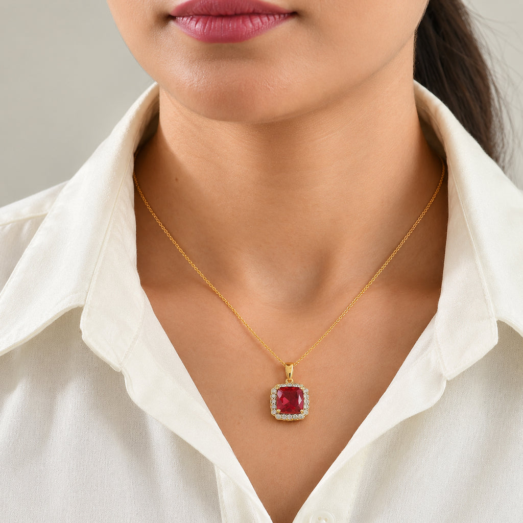 Luxuriant - Lab Created Padparadscha Sapphire & White Zircon Pendant with Chain (Size 20) in 18K Vermeil Yellow Gold Plated Sterling Silver 7.05 Ct._4525698_1