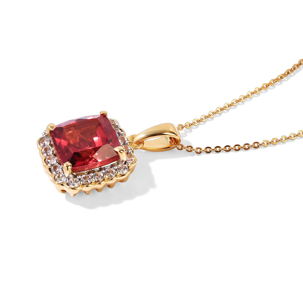 Luxuriant - Lab Created Padparadscha Sapphire & White Zircon Pendant with Chain (Size 20) in 18K Vermeil Yellow Gold Plated Sterling Silver 7.05 Ct._4525698_2