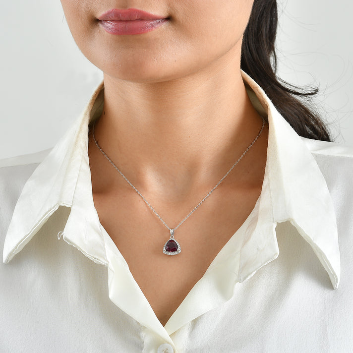 Luxuriant - Orissa Natural Rhodolite Garnet &amp; Lab Grown Diamond (SI/G-H) Halo Pendant with Chain (Size 20) in Rhodium Overlay Sterling Silver 3.50 Ct. 4526824 2