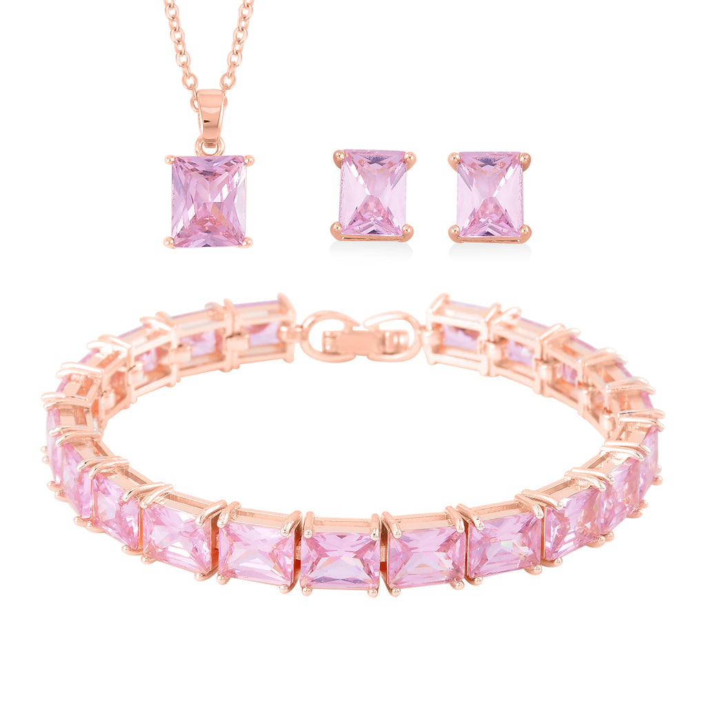 Set of 3 - Pink Cubic Zirconia Tennis Bracelet, Earring & Pendant with Chain (Size 20) 8.20 Ct._4527086