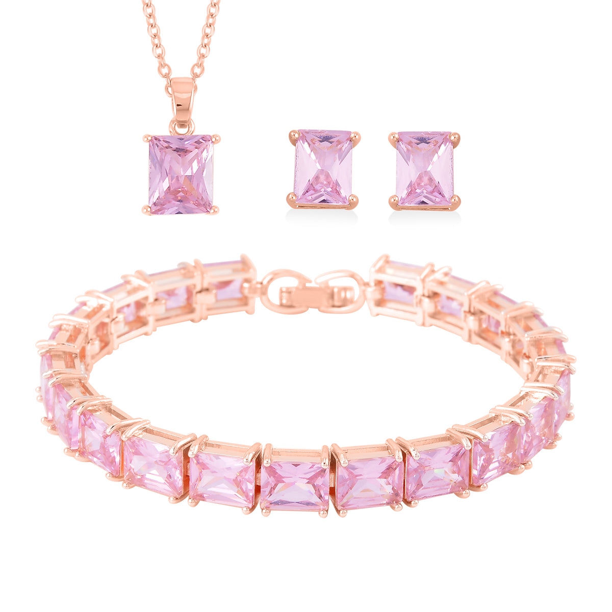 Set of 3 - Pink Cubic Zirconia Tennis Bracelet (Size - 7.5), Push Back Earring &amp; Pendant with Chain (Size 20-2 Ext) 8.20 Ct. 4527086 0