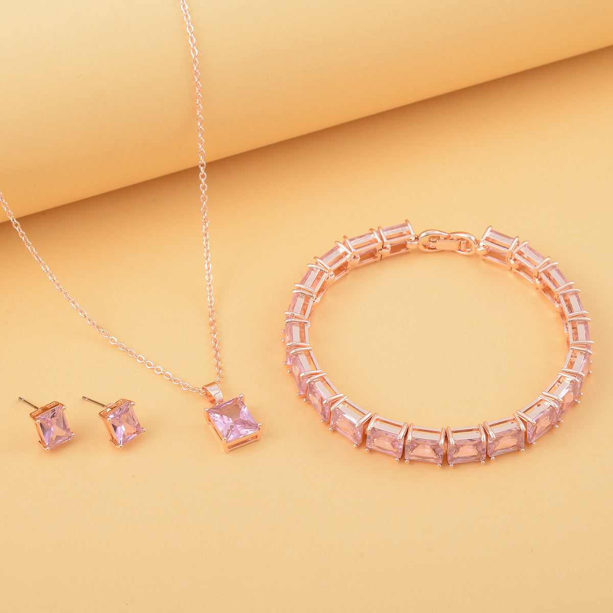 Set of 3 - Pink Cubic Zirconia Tennis Bracelet (Size - 7.5), Push Back Earring &amp; Pendant with Chain (Size 20-2 Ext) 8.20 Ct. 4527086 1