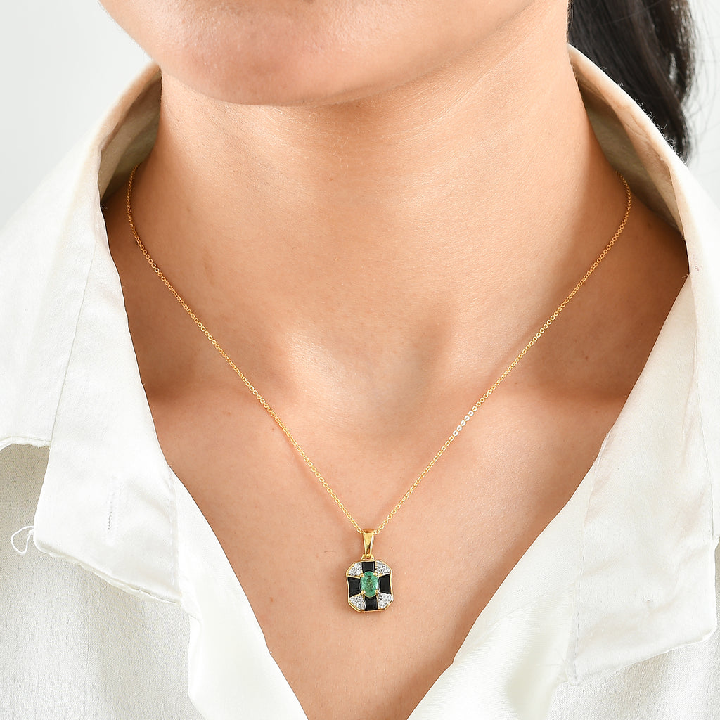 D'Joy - AAA Emerald & White Zircon Pendant with Chain (Size 20) in 18K Vermeil Yellow Gold Plated Sterling Silver_4527205_1