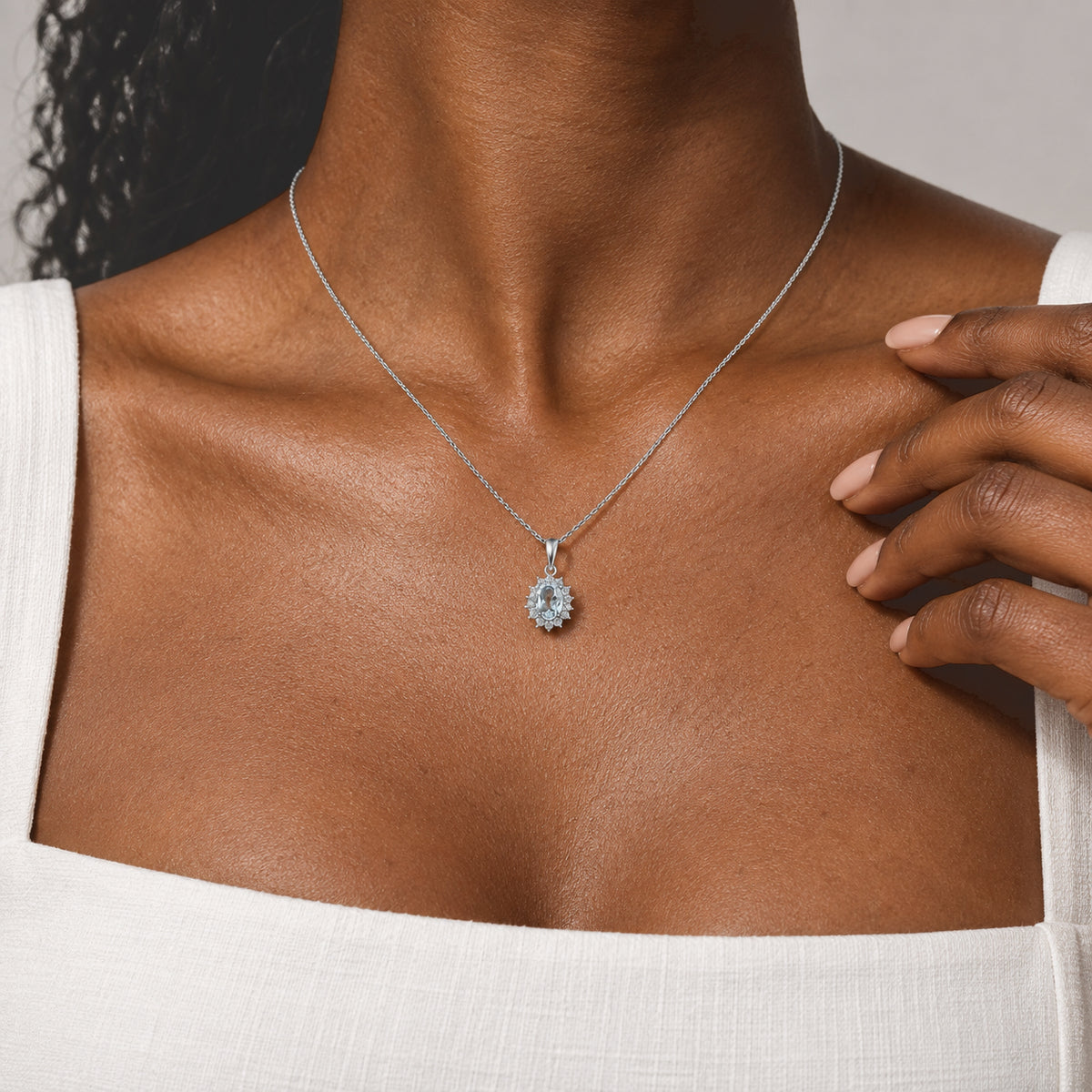 Skyblue Topaz,  White Zircon Pendant with Chain (Size 20) in Rhodium Overlay Sterling Silver 0.42 ct  1.230  Ct. 4527580 1