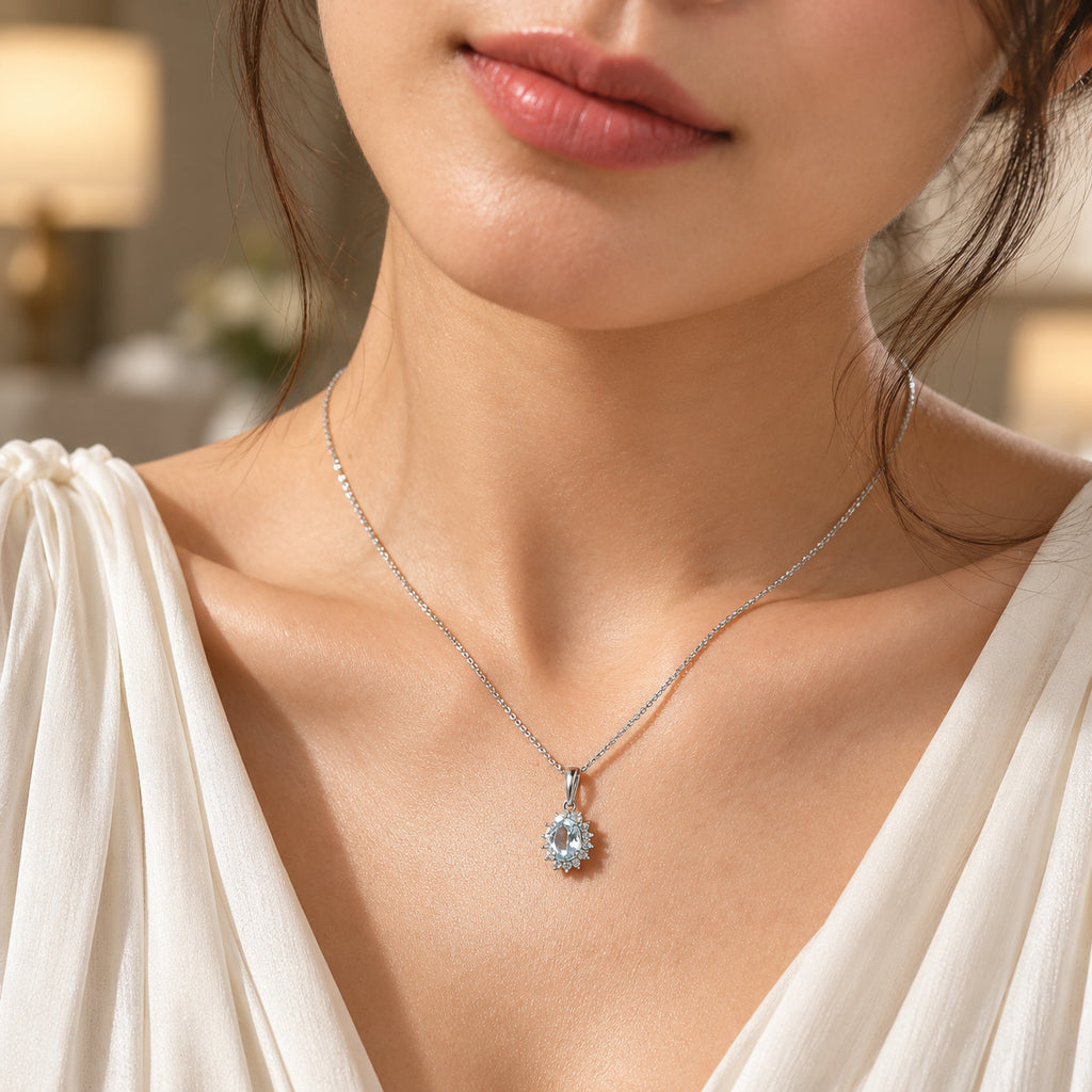 Skyblue Topaz,  White Zircon Pendant with Chain (Size 20) in Rhodium Overlay Sterling Silver 0.42 ct  1.230  Ct._4527580_2