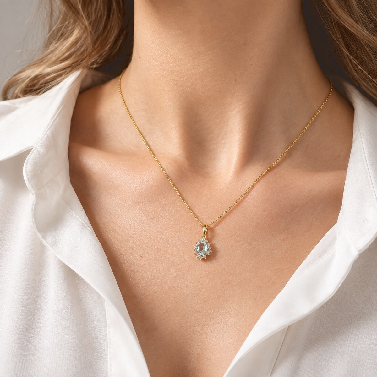 Skyblue Topaz,  White Zircon Pendant with Chain (Size 20) in 18K YG Vermeil Sterling Silver 0.42 ct  1.230  Ct. 4527581 1