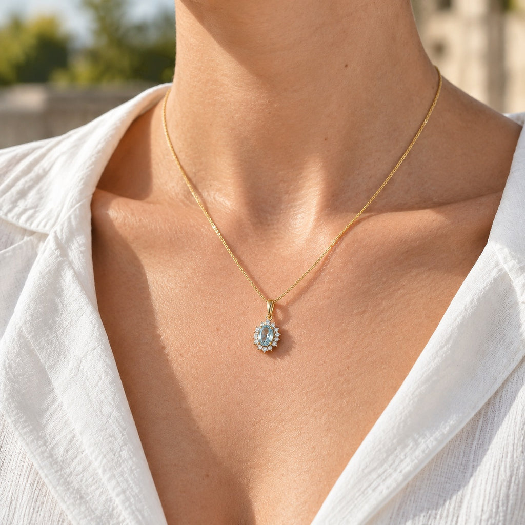 Skyblue Topaz,  White Zircon Pendant with Chain (Size 20) in 18K YG Vermeil Sterling Silver 0.42 ct  1.230  Ct._4527581_2