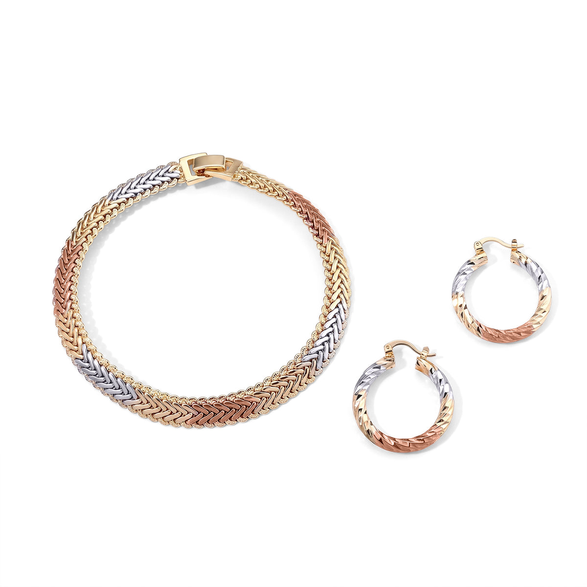 Manhattan Close Out - Tri-Colour Wheat Chain Bracelet (Size - 7.5) and Hoop Earrings Set 4528138 0