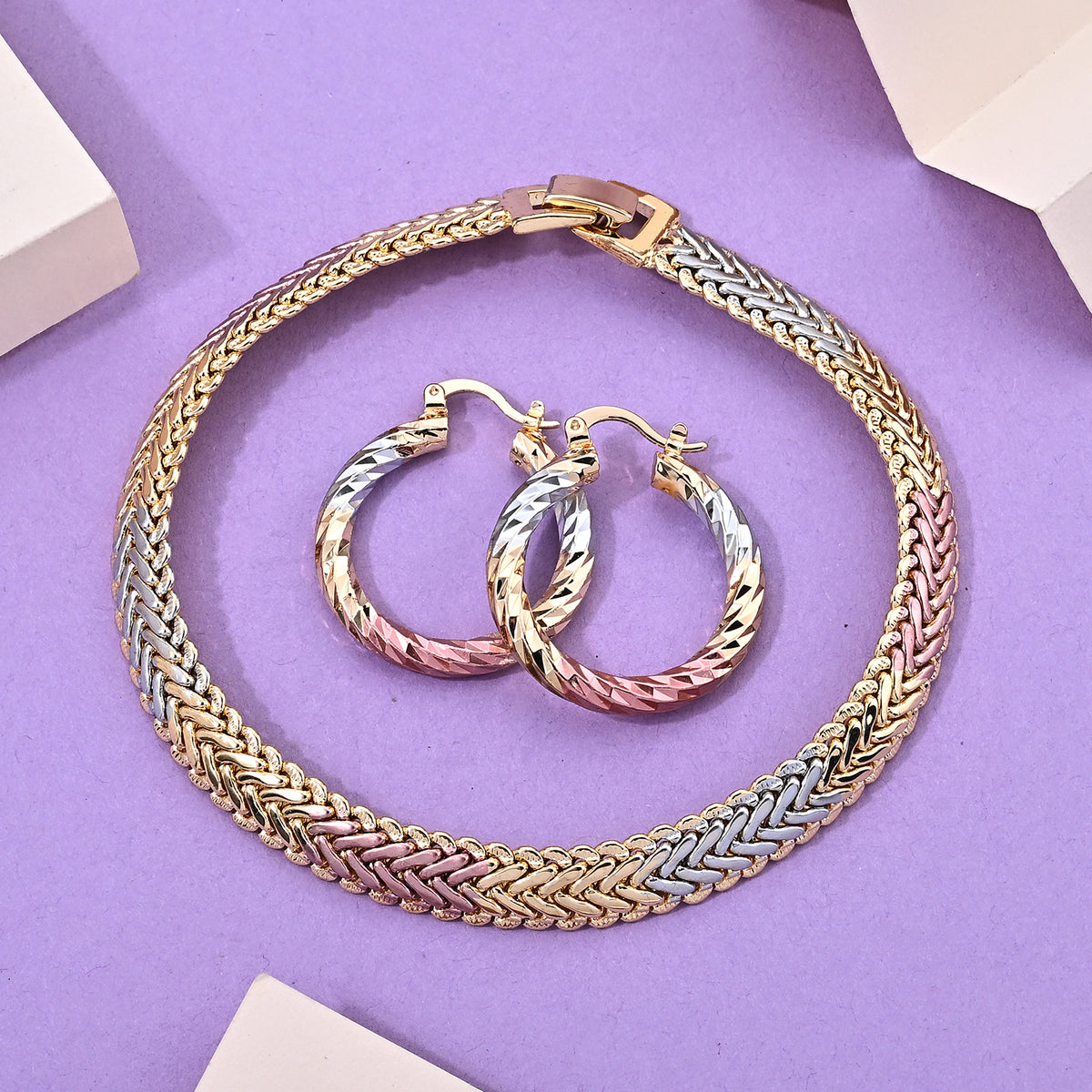 Manhattan Close Out - Tri-Colour Wheat Chain Bracelet (Size - 7.5) and Hoop Earrings Set 4528138 1