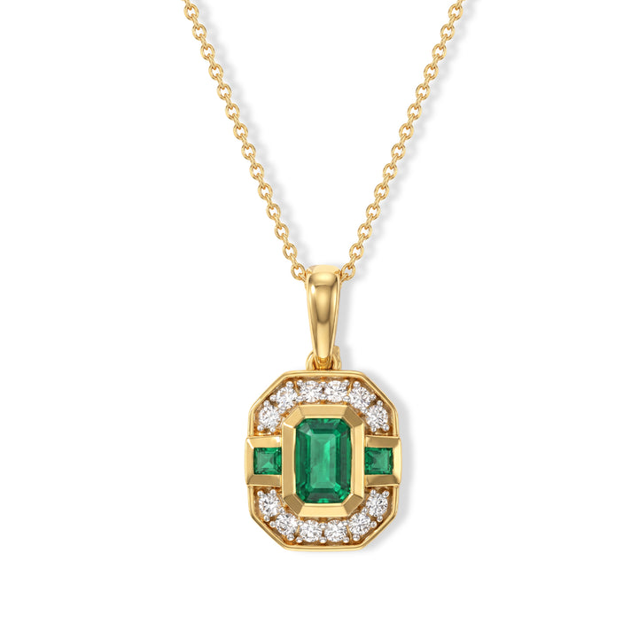 Luxuriant - AAA Gemfields Zambian Emerald &amp; Lab Grown Diamond (SI-G-H) Art Deco Halo Pendant with Chain (Size 20) in 18K Vermeil Yellow Gold Plated Sterling Silver 0.90 Ct. 4528584 1