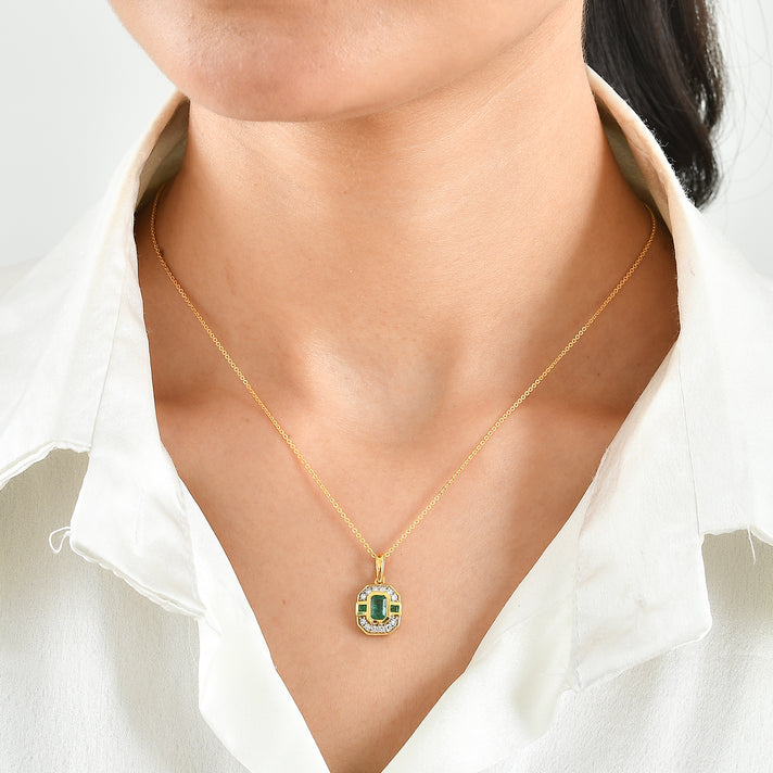 Luxuriant - AAA Gemfields Zambian Emerald &amp; Lab Grown Diamond (SI-G-H) Art Deco Halo Pendant with Chain (Size 20) in 18K Vermeil Yellow Gold Plated Sterling Silver 0.90 Ct. 4528584 2