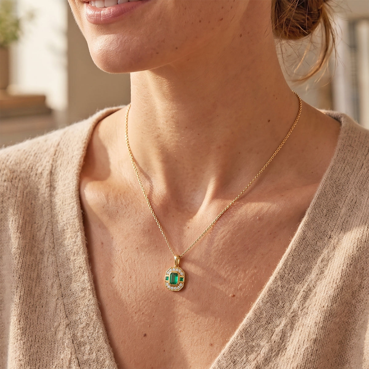 Luxuriant - AAA Gemfields Zambian Emerald &amp; Lab Grown Diamond (SI-G-H) Art Deco Halo Pendant with Chain (Size 20) in 18K Vermeil Yellow Gold Plated Sterling Silver 0.90 Ct. 4528584 2