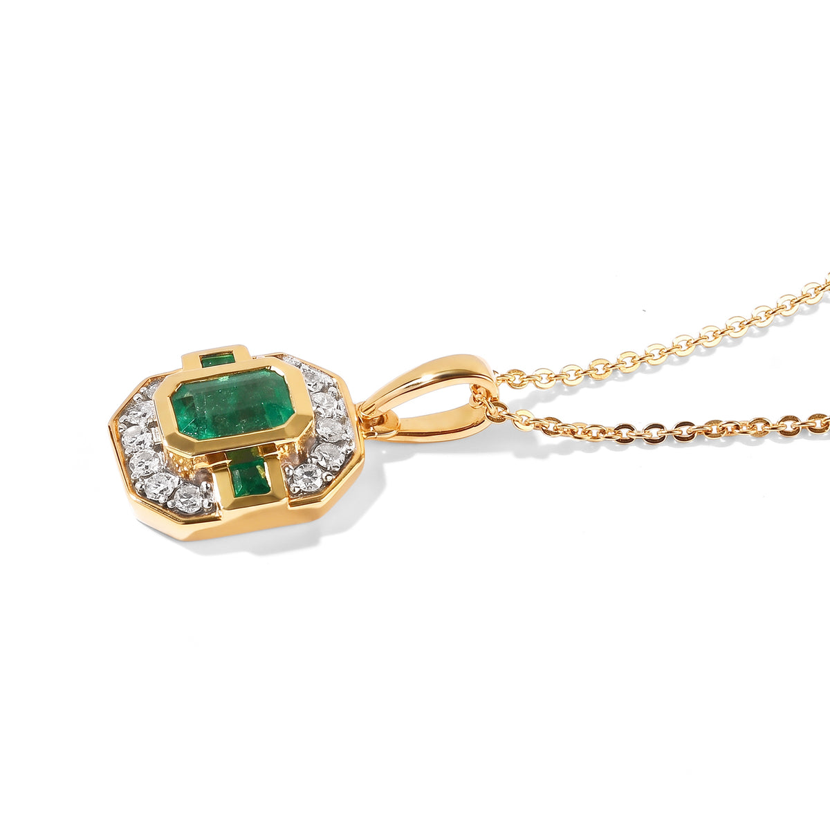 Luxuriant - AAA Gemfields Zambian Emerald &amp; Lab Grown Diamond (SI-G-H) Art Deco Halo Pendant with Chain (Size 20) in 18K Vermeil Yellow Gold Plated Sterling Silver 0.90 Ct. 4528584 3