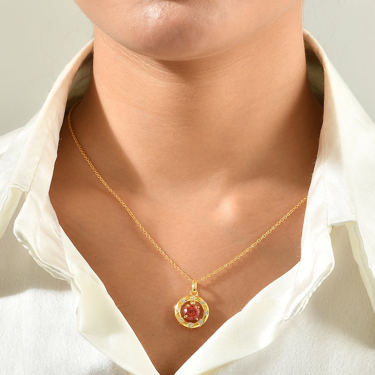 Luxuriant - Lab Created Padparadscha Sapphire &amp; White Zircon Pendant in Yellow Gold Plated Sterling Silver with Chain (Size 20) 2.40 4528661 1
