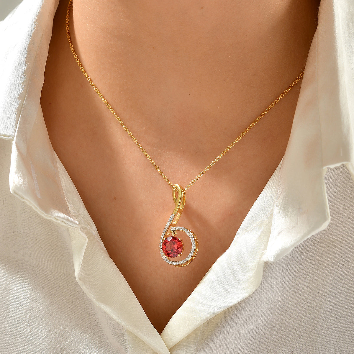 Luxuriant - Lab Created Padparadscha Sapphire &amp; White Zircon Pendant in Yellow Gold Plated with Chain (Size 20) 4.20 Ct. 4528662 1