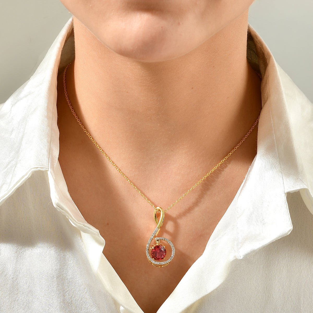 Luxuriant - Lab Created Padparadscha Sapphire &amp; White Zircon Pendant in Yellow Gold Plated with Chain (Size 20) 4.20 Ct. 4528662 2