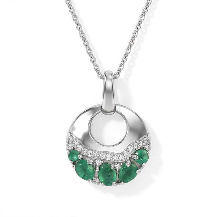 D'Joy - AAA Gemfields Zambian Emerald &amp; White Zircon Pendant with Chain (Size 20) in Rhodium Overlay Sterling Silver 4528920 1