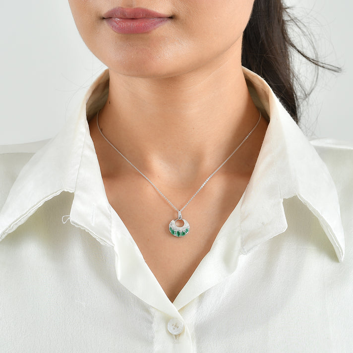 D'Joy - AAA Gemfields Zambian Emerald &amp; White Zircon Pendant with Chain (Size 20) in Rhodium Overlay Sterling Silver 4528920 2