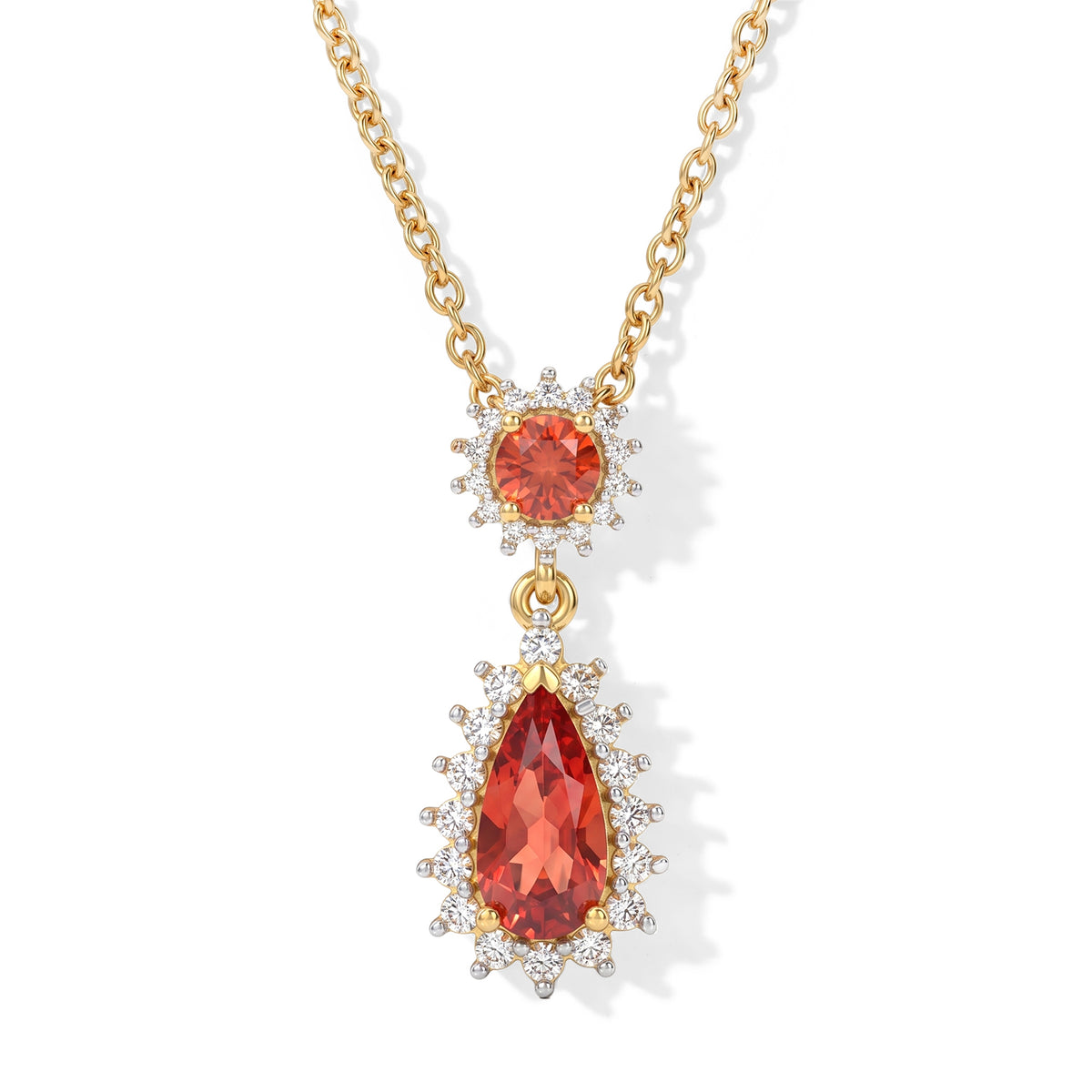 Luxuriant - Lab Created Padparadscha Sapphire &amp; White Zircon Halo Drop Pendant in Yellow Gold Plated Sterling Silver with Chain (Size 20) 2.50 Ct. 4528942 0