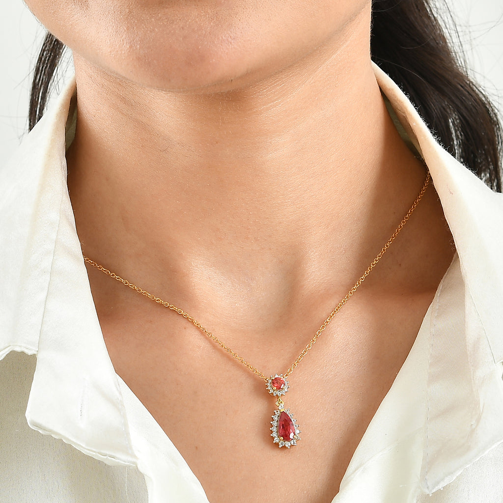Luxuriant - Lab Created Padparadscha Sapphire & White Zircon Halo Drop Pendant in Yellow Gold Plated Sterling Silver with Chain (Size 20) 2.50 Ct._4528942_1