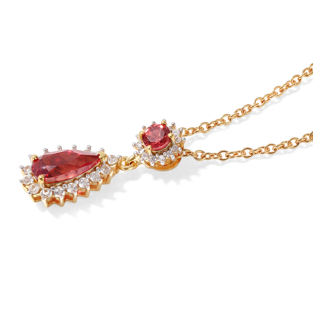 Luxuriant - Lab Created Padparadscha Sapphire & White Zircon Halo Drop Pendant in Yellow Gold Plated Sterling Silver with Chain (Size 20) 2.50 Ct._4528942_2
