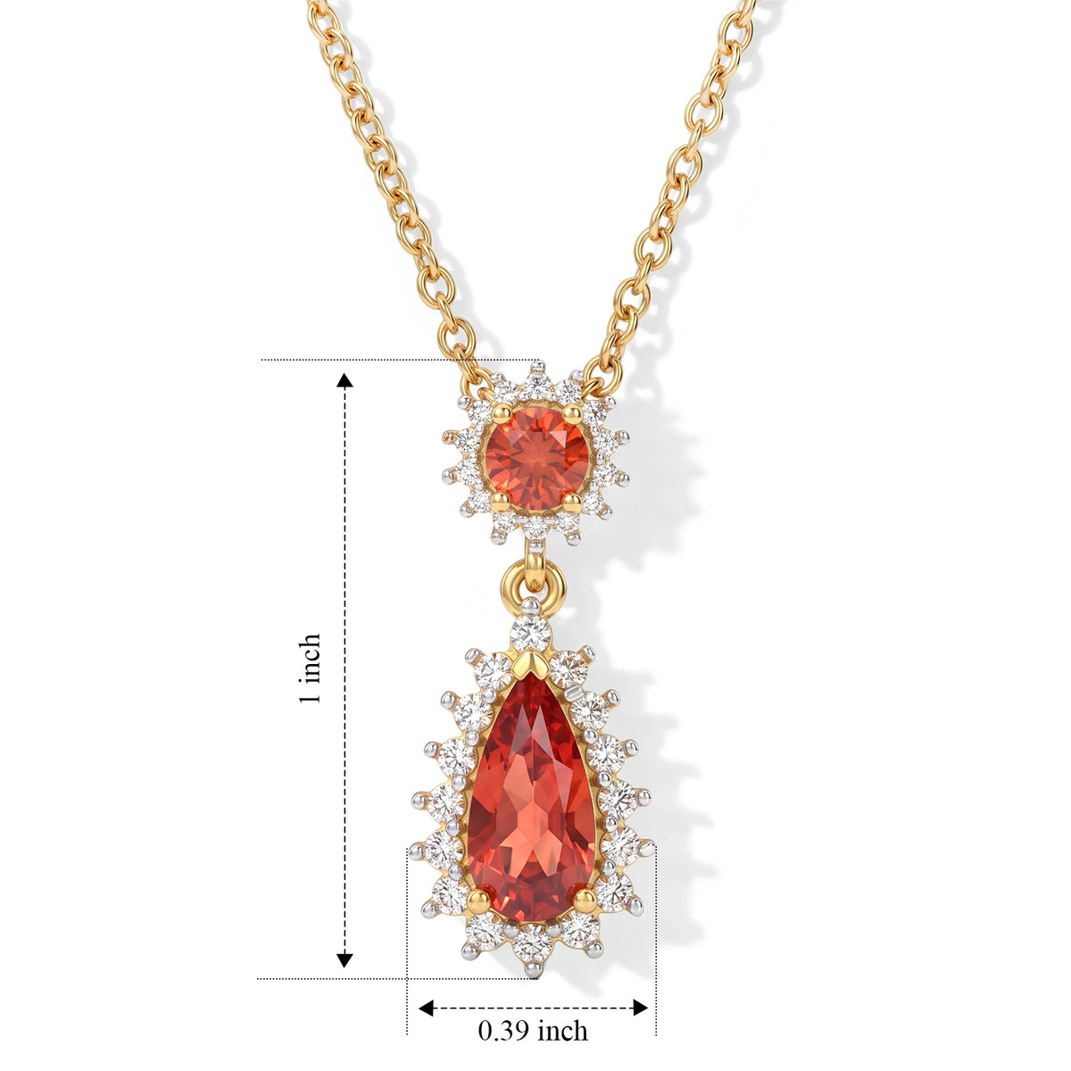 Luxuriant - Lab Created Padparadscha Sapphire &amp; White Zircon Halo Drop Pendant in Yellow Gold Plated Sterling Silver with Chain (Size 20) 2.50 Ct. 4528942 3