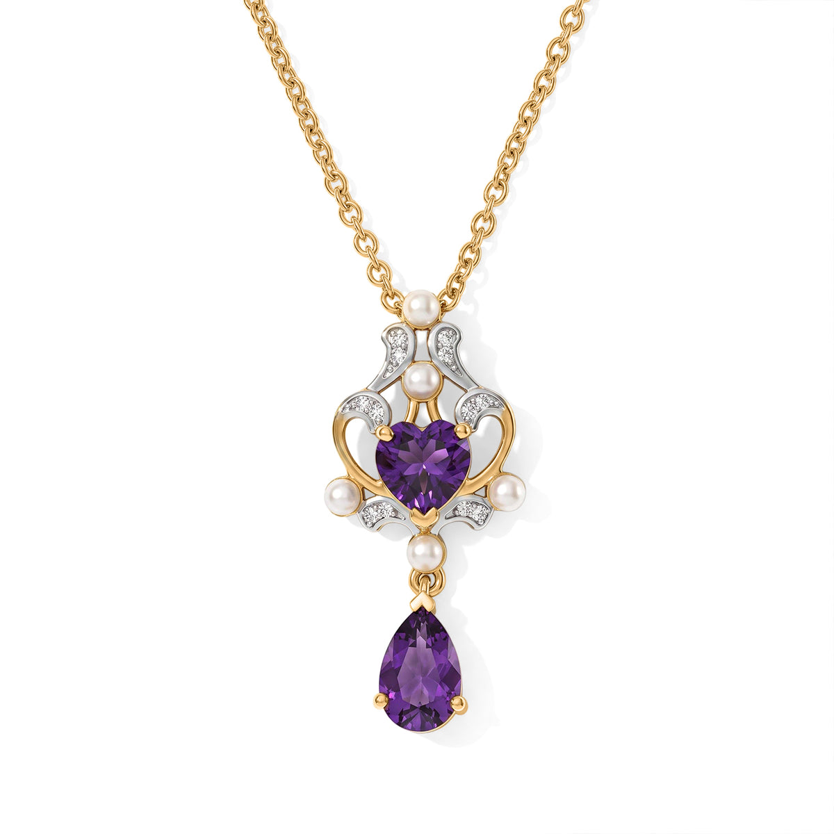 D'Joy - African Amethyst, Fresh Water Pearl &amp; White Zircon Pendant in Yellow Gold Plated Sterling Silver with Chain (Size 20) 1.85 Ct. 4529920 0