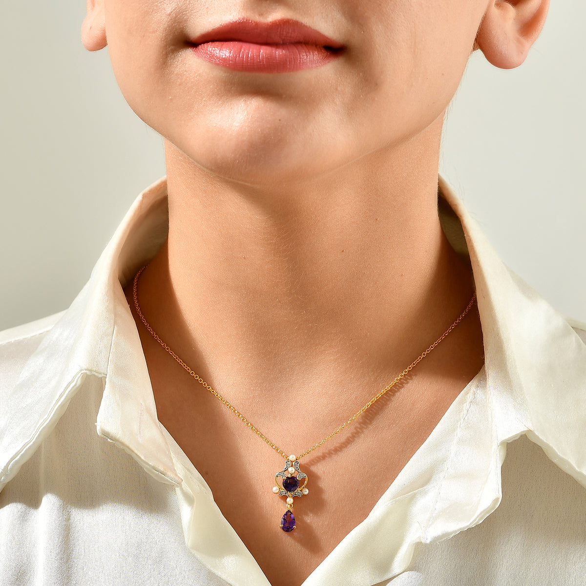 D'Joy - African Amethyst, Fresh Water Pearl &amp; White Zircon Pendant in Yellow Gold Plated Sterling Silver with Chain (Size 20) 1.85 Ct. 4529920 1