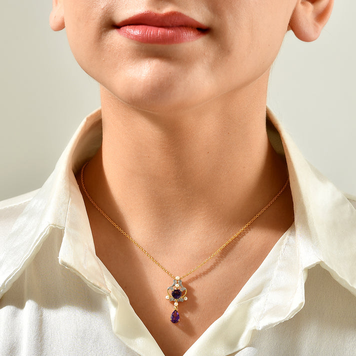 D'Joy - African Amethyst, Fresh Water Pearl &amp; White Zircon Pendant in Yellow Gold Plated Sterling Silver with Chain (Size 20) 1.85 Ct. 4529920 2