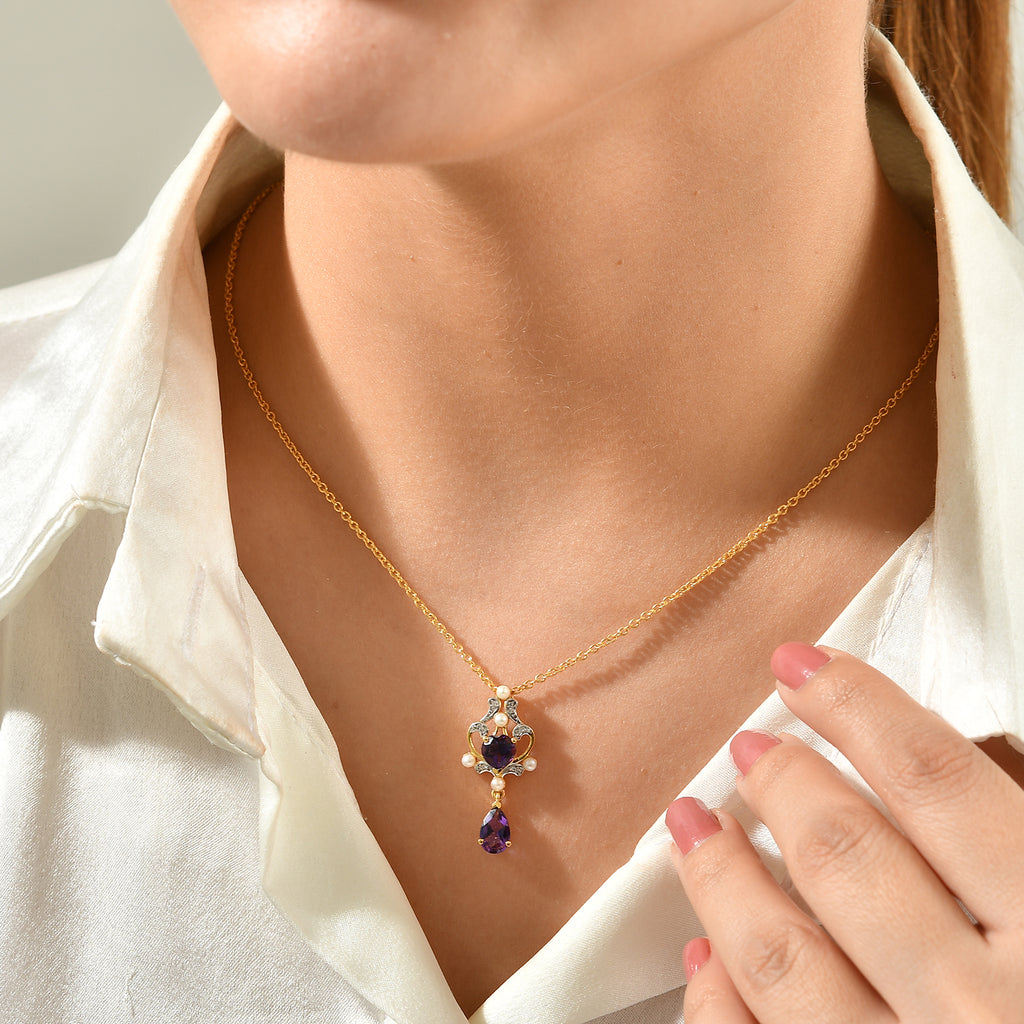 D'Joy - African Amethyst, Fresh Water Pearl & White Zircon Pendant in Yellow Gold Plated Sterling Silver with Chain (Size 20) 1.85 Ct._4529920_2