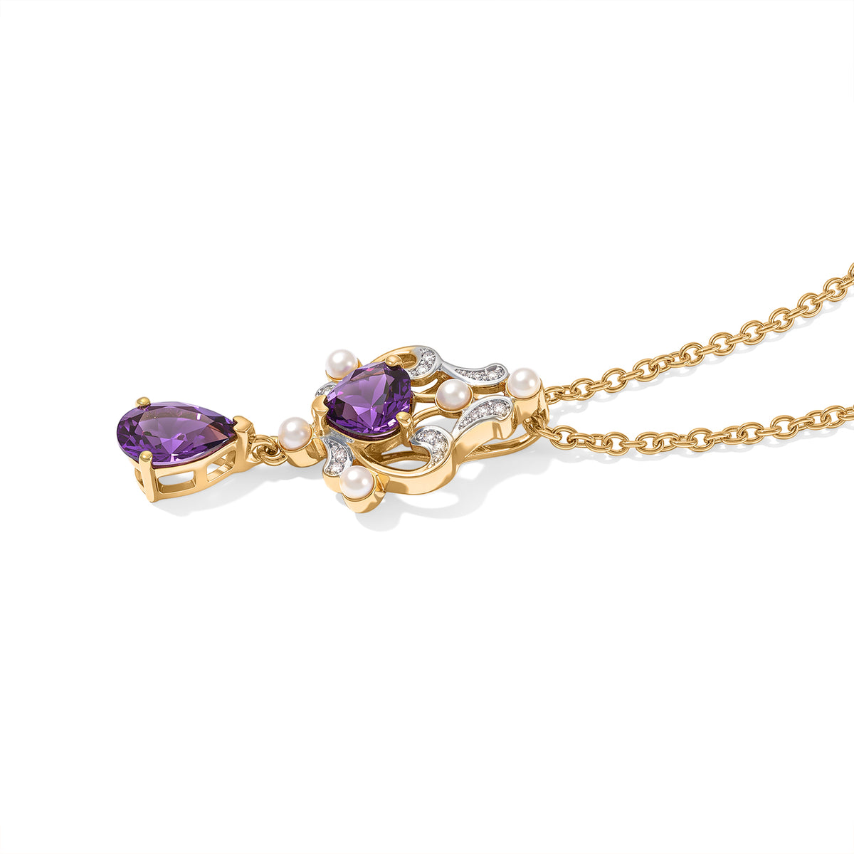 D'Joy - African Amethyst, Fresh Water Pearl &amp; White Zircon Pendant in Yellow Gold Plated Sterling Silver with Chain (Size 20) 1.85 Ct. 4529920 3