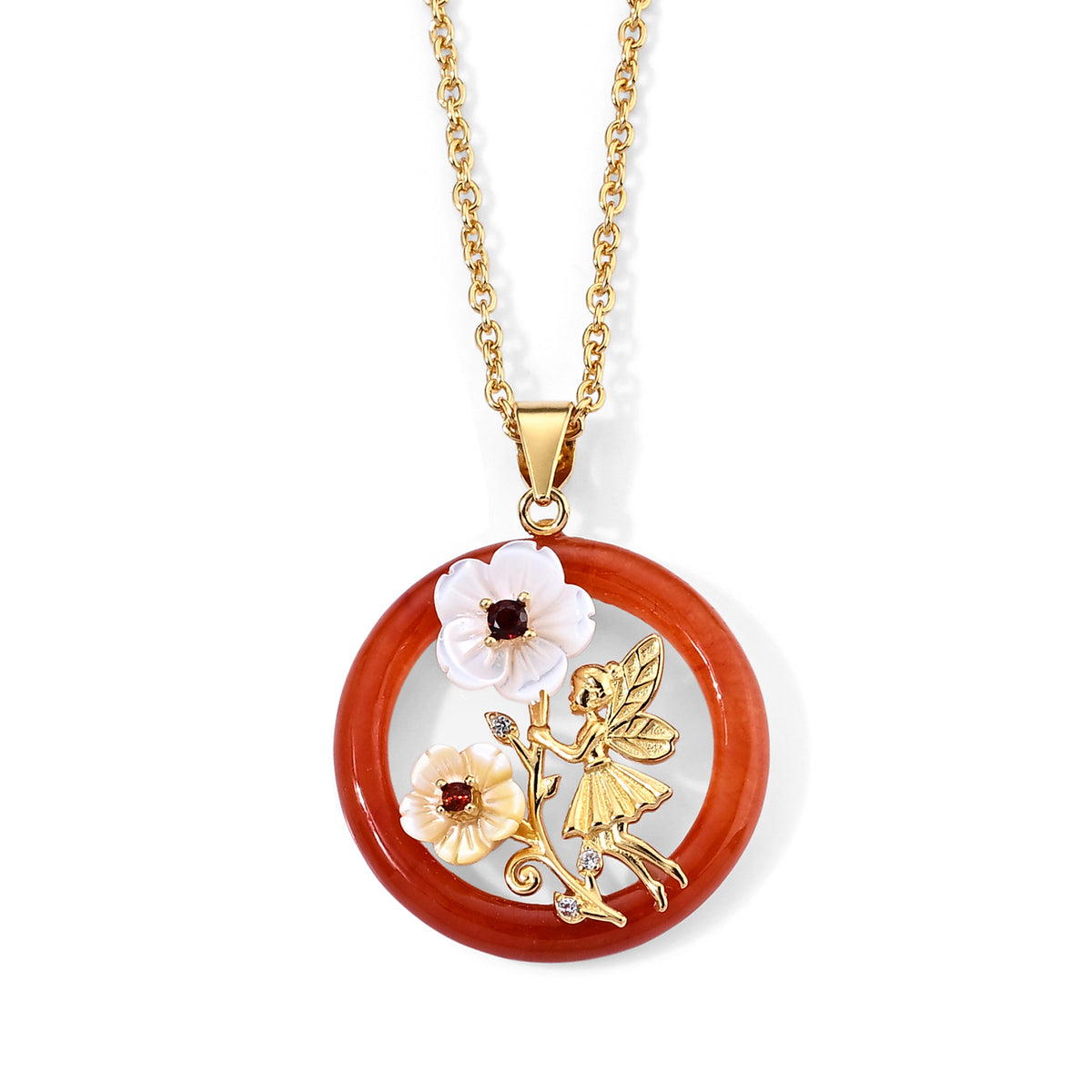 D'Joy - Dyed Red Jade &amp; Multi-Gemstone Flower Fairy Pendant in Yellow Gold Plated Sterling Silver with Chain (Size 20) 8.45 Ct. 4530369 0