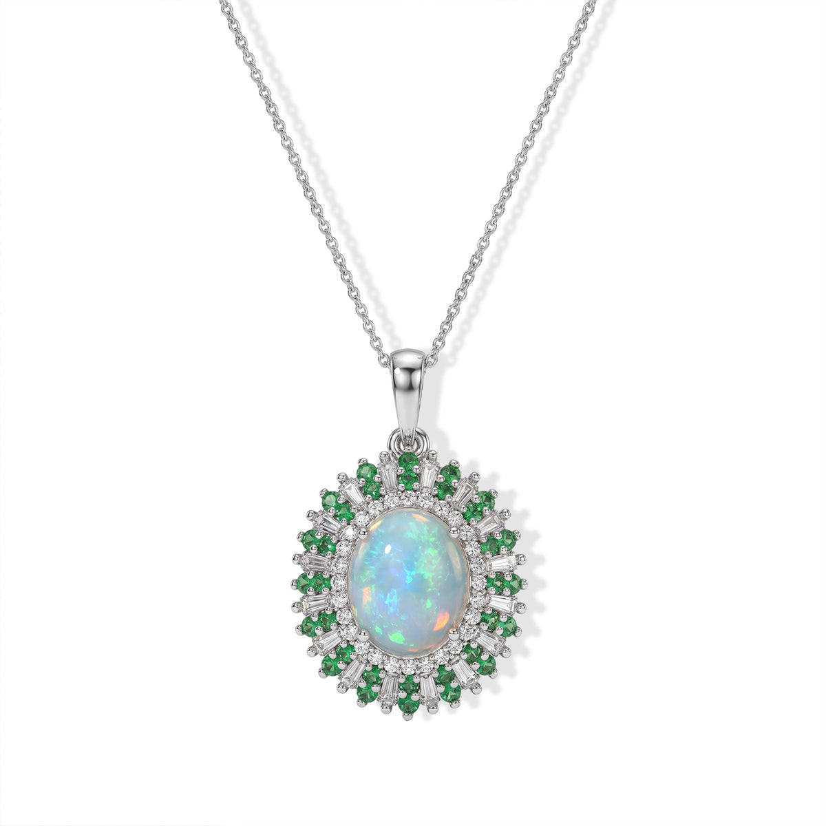 Ethiopian Opal,  Moissanite,  Tsavorite Garnet Pendant with Chain (Size 20) in Rhodium Overlay Sterling Silver 1.94 ct  Silver Wt. 5.1 Gms  5.040  Ct. 4531199 0