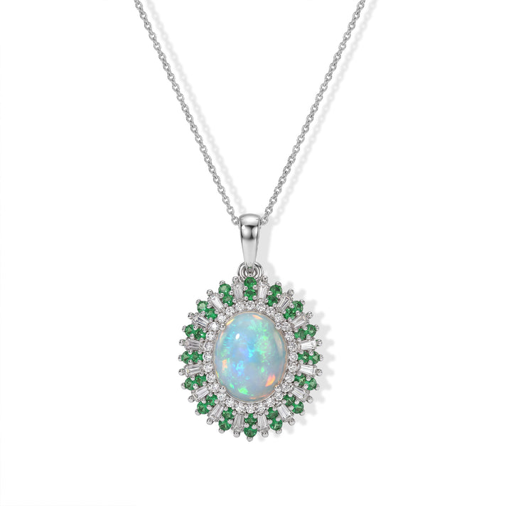 D'Joy - AAA Ethiopian Opal, Moissanite &amp; Tsavorite Garnet Halo Pendant with Chain (Size 20) in Rhodium Overlay Sterling Silver 5.20 Ct. 4531199 1