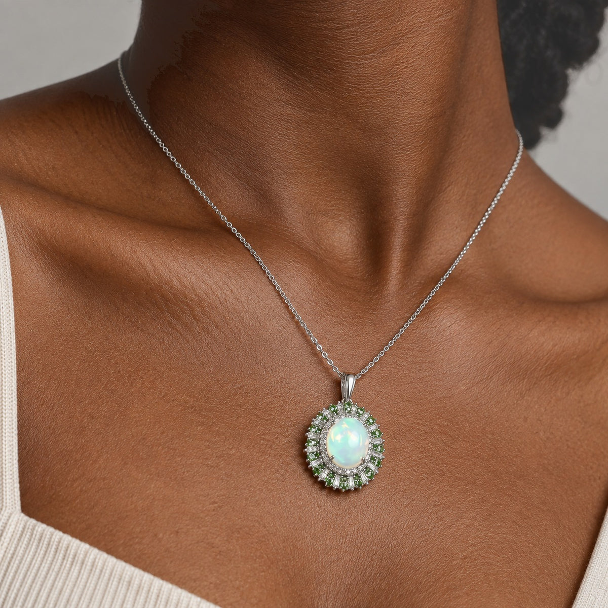 Ethiopian Opal,  Moissanite,  Tsavorite Garnet Pendant with Chain (Size 20) in Rhodium Overlay Sterling Silver 1.94 ct  Silver Wt. 5.1 Gms  5.040  Ct. 4531199 1