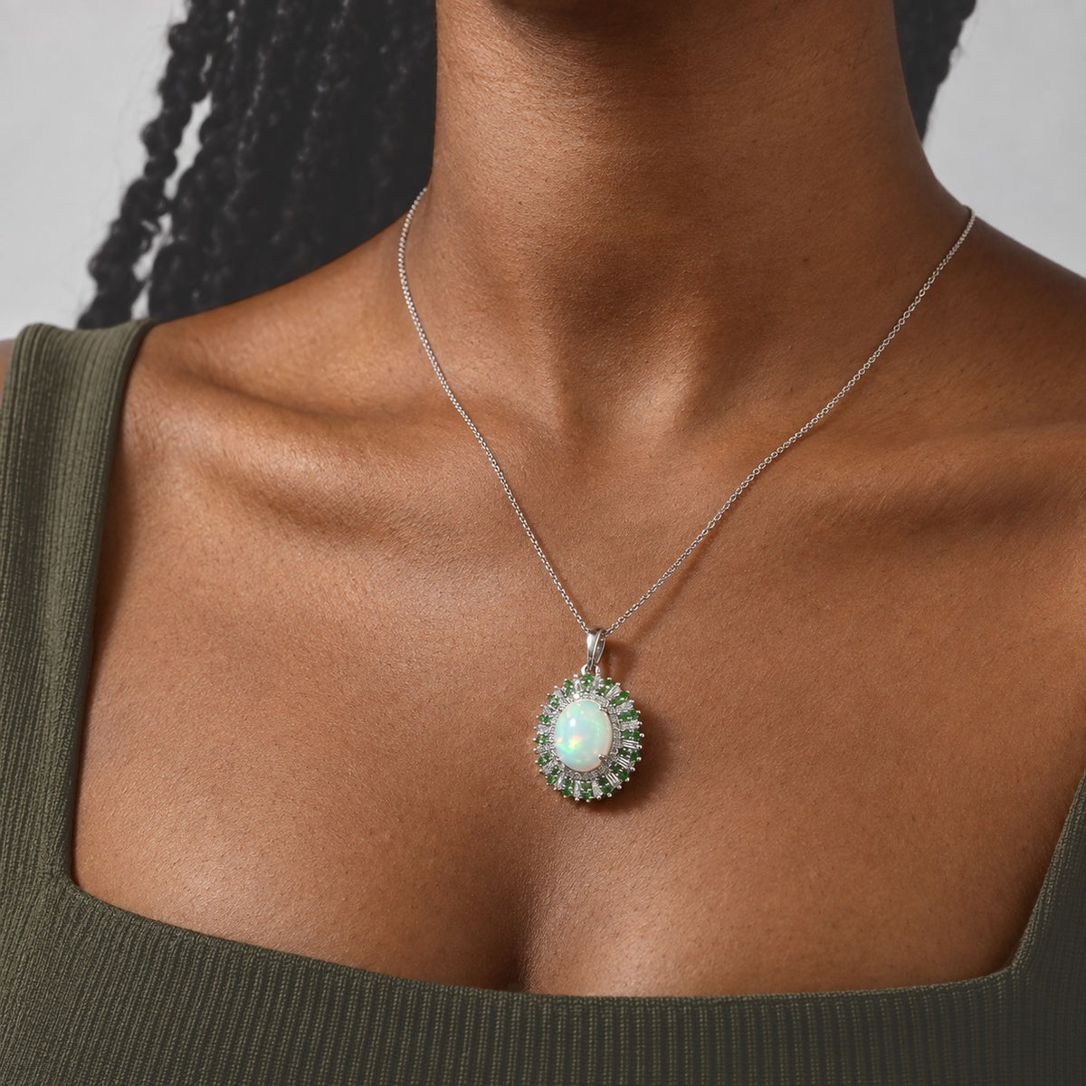 Ethiopian Opal,  Moissanite,  Tsavorite Garnet Pendant with Chain (Size 20) in Rhodium Overlay Sterling Silver 1.94 ct  Silver Wt. 5.1 Gms  5.040  Ct. 4531199 2