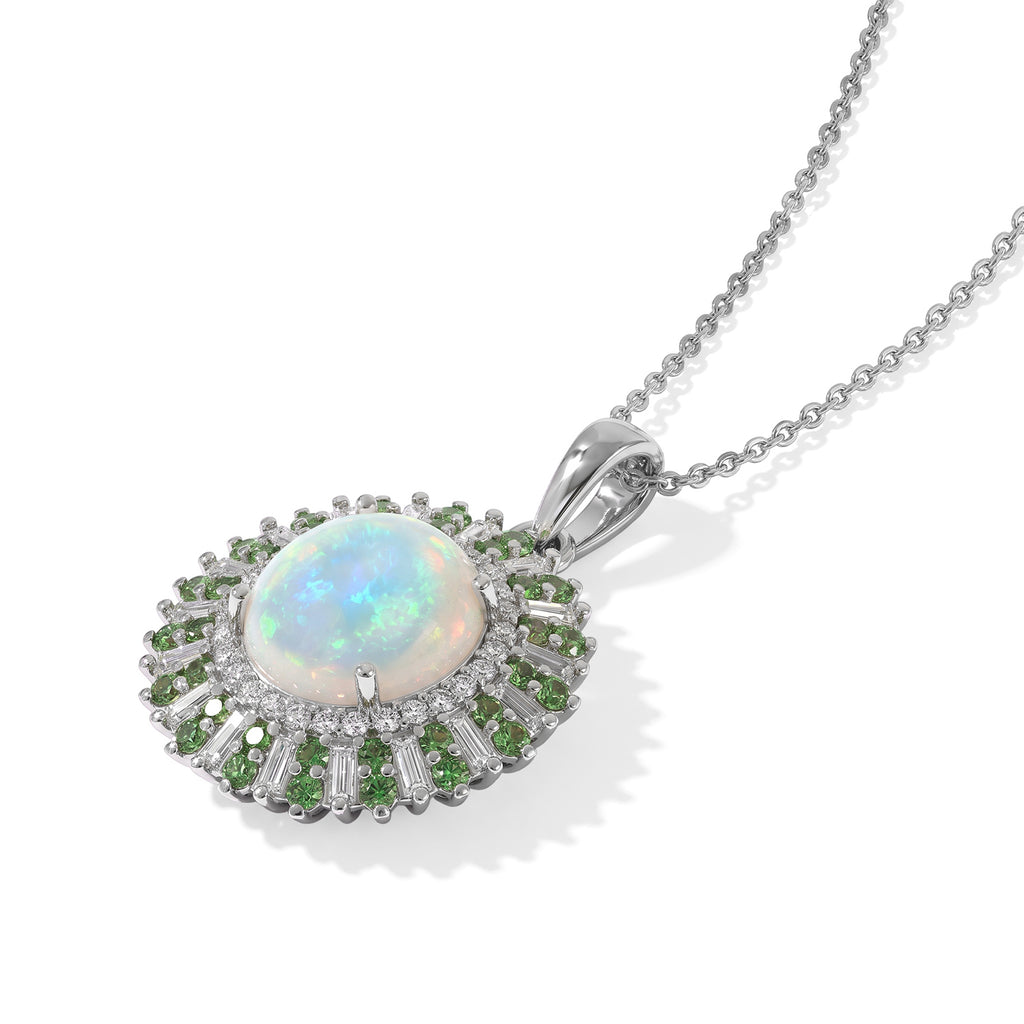 Ethiopian Opal,  Moissanite,  Tsavorite Garnet Pendant with Chain (Size 20) in Rhodium Overlay Sterling Silver 1.94 ct  Silver Wt. 5.1 Gms  5.040  Ct._4531199_3