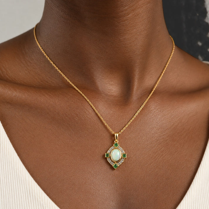 D'Joy - AAA Ethiopian Opal, White Zircon &amp; Zambian Emerald Halo Pendant in Yellow Gold Plated Sterling Silver with Chain (Size 20) 1.83 Ct. 4531208 2